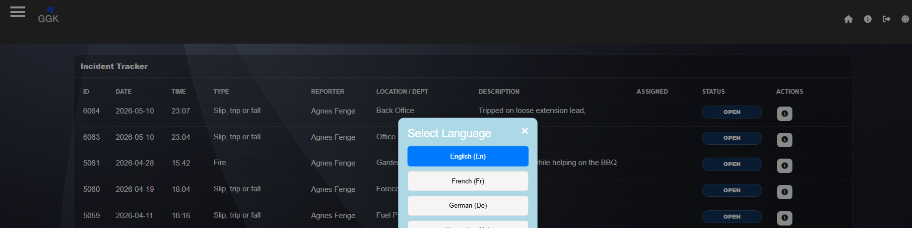 GGK incident tracker with language selection